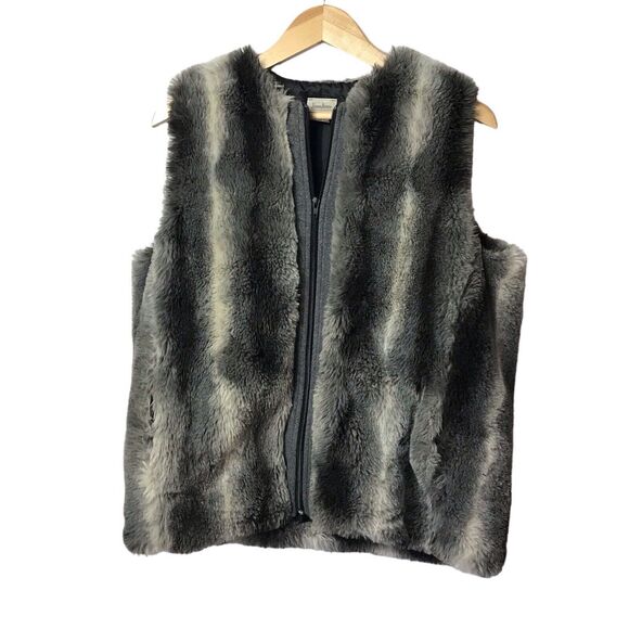 Neiman Marcus Women's Black‎ Gray Striped Faux Fur Full Zip Vest - Size Med - Picture 1 of 12